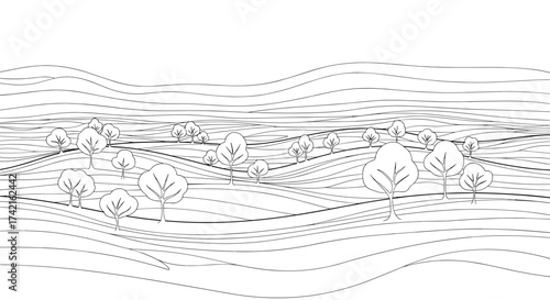 Abstract line drawing of rolling hills with sparse trees and dotted patterns.