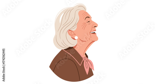 A close up portrait of a happy elderly woman with gray hair wearing a brown jacket and a pink scarf.