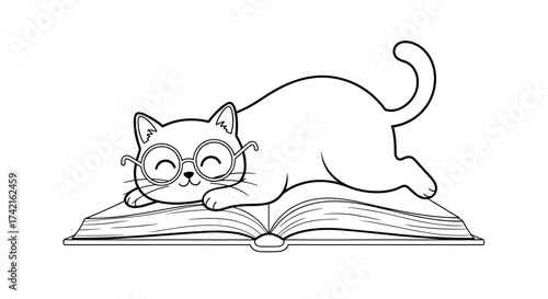 Adorable cartoon cat wearing glasses naps on an open book with a happy expression.