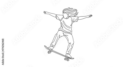 A dynamic line art illustration of a skateboarder performing an aerial trick with arms outstretched.