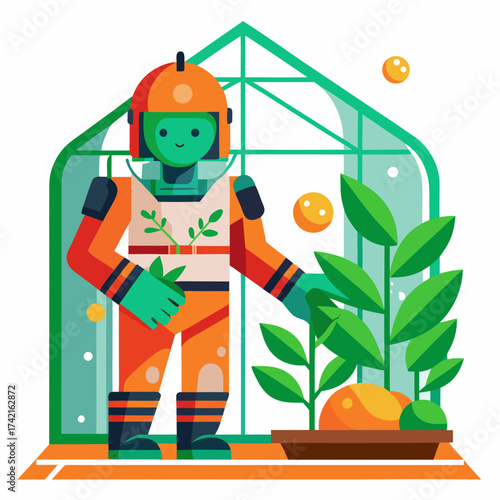 Astronaut tending to plants inside a futuristic greenhouse on another planet
