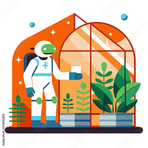 Astronaut tending to plants inside a futuristic biodome on an alien planet