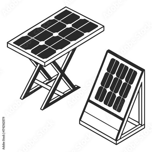 Two isometric solar panel illustrations one on a folding stand and one on an angled frame