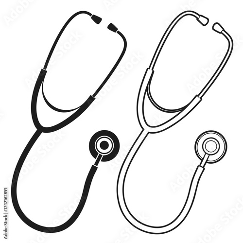 Two stethoscopes one black silhouette one outline medical equipment illustration