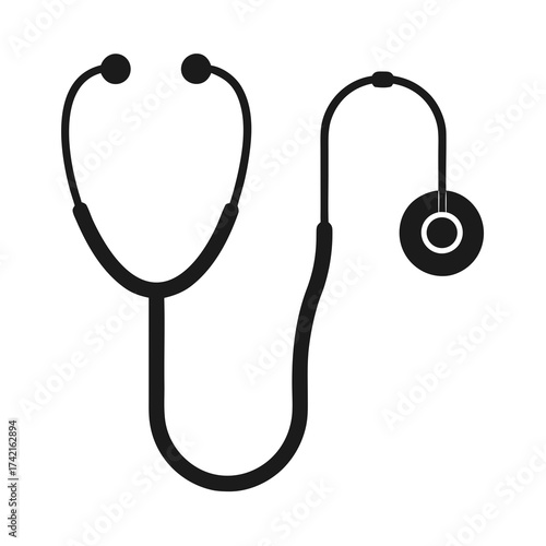 Simple black silhouette of a medical stethoscope on a white background