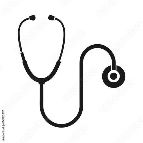 Simple black silhouette of a medical stethoscope on a white background