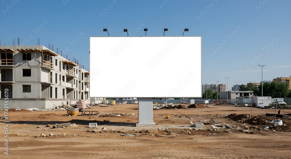 Obraz premium Large blank billboard with metal frame standing on construction ground under blue sky, ready for advertisement or branding display.