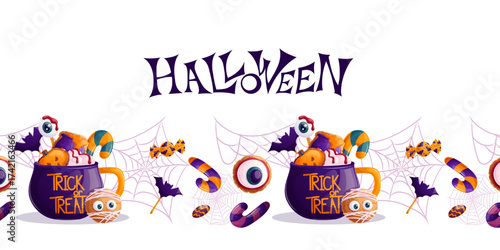 Seamless border with a mug with a hot drink, marshmallows, cookies, lollipops, lollipops for Halloween. "Trick or treat." Vector illustration for postcards, posters, banners, websites