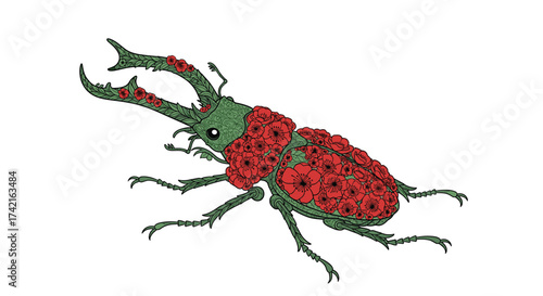 A visually striking pixel art representation of a stag beetle adorned with vibrant red floral elements.