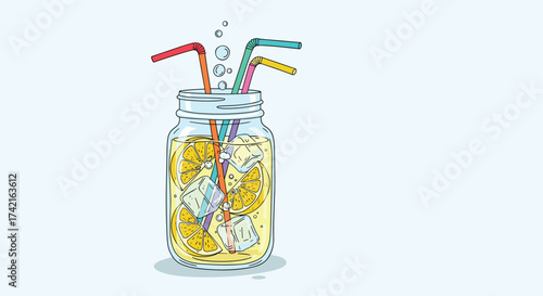 A refreshing glass jar filled with lemonade and colorful straws on a light blue background.