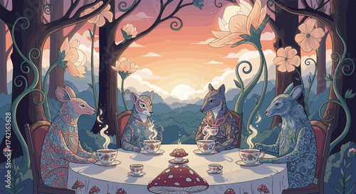 A whimsical forest tea party with anthropomorphic animals at sunset.