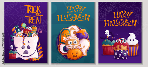 A set of Halloween design templates. Candies, sweets, cupcakes, cookies. "Trick or treat." Isolated vector illustration for the design of posters, banners, invitations.