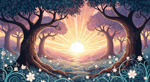 A serene pixel art forest scene with a glowing sunburst at sunset.