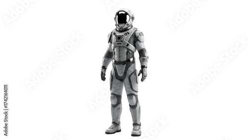 Spaceman in gray suit with glossy helmet, arms at side, dark bg