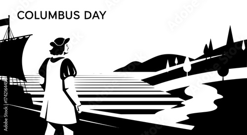 Columbus Day: A historical illustration capturing the essence of Columbus Day, showcasing a figure contemplating the sea, with a ship and the landscape in monochrome.