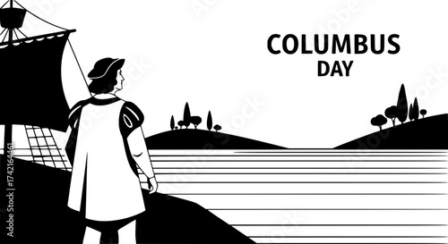 Columbus Day Celebration: Commemorating discovery, an illustration captures a historical scene, with a silhouette of a figure contemplating the horizon near a ship.