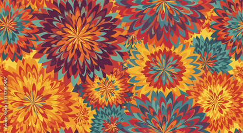 A vibrant explosion of colorful floral patterns in a repeating symmetrical design.