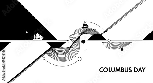 Columbus Day Abstract Art: An abstract artistic illustration celebrating Columbus Day, showcasing stylized geometric forms and a symbolic ship sailing towards the horizon.