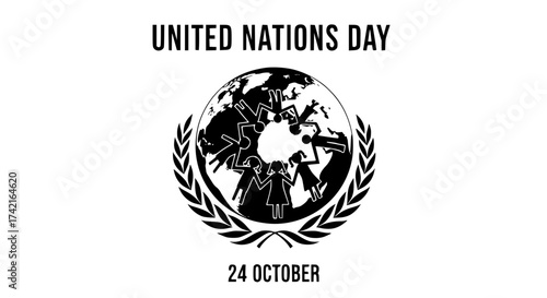 United Nations Day Illustration: An emblem with the words United Nations Day prominently displayed atop a symbolic image of the globe, enclosed by a laurel wreath.