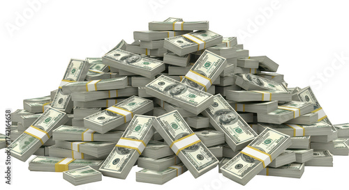 Large pile of money stacks isolated on transparent background