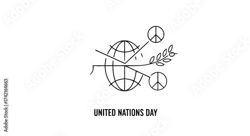 Symbol of Global Unity: A minimalist illustration of a globe intertwined with olive branches and peace symbols, representing international cooperation, harmony, and the pursuit of global peace.