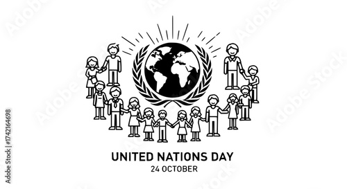 United Nations Day: A poignant graphic of a united world, people linking arms around the earth, symbolizing global unity and peace, with rays of hope emanating.