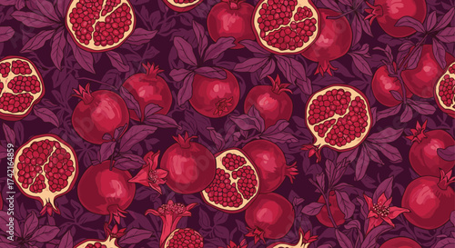 A vibrant tapestry of ripe pomegranates and lush foliage in rich shades of red and purple.
