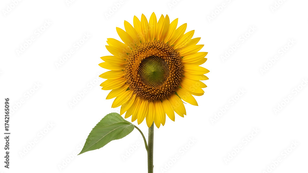 Fototapeta premium Radiant sunflower on a black backdrop, stem and single leaf visible