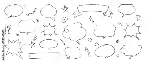 Speech bubble with crayons texture vector set. Hand drawn speech bubble in different shape with doodle decorative. Design for chat, talk, sale sticker, icon.