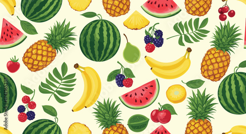 A vibrant pixel art pattern featuring a delightful assortment of fresh summer fruits perfect for a healthy lifestyle.