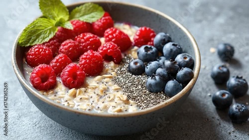 Fresh raspberries and blueberries on top of warm oatmeal