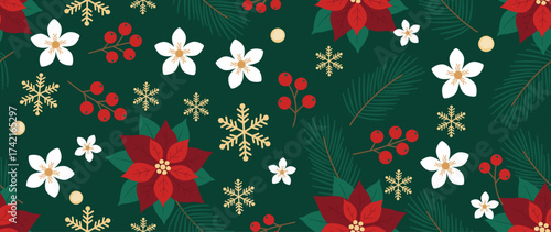 Seamless Christmas Pattern with Poinsettia, Snowflakes, and Holly Berries