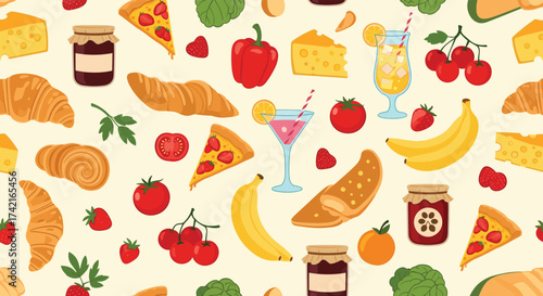 A vibrant and diverse assortment of delicious food items and refreshing beverages.