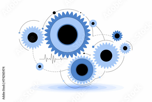 Intricate blue gear system illustration depicting connectivity and innovation for engineering designs and business process diagrams on a white background