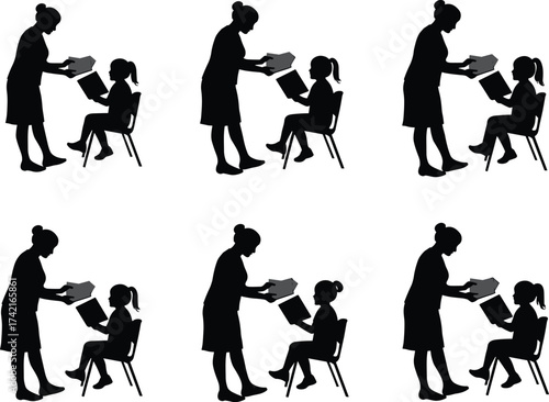 Adult giving book to child, reading moment silhouette, education scene, caregiving interaction, seated child, nurturing gesture, learning concept, support, care