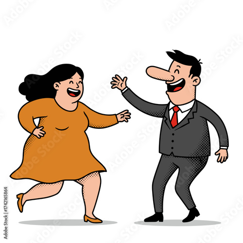 Dancing plus-sized woman and man in a suit in cartoon style displaying joy and excitement 