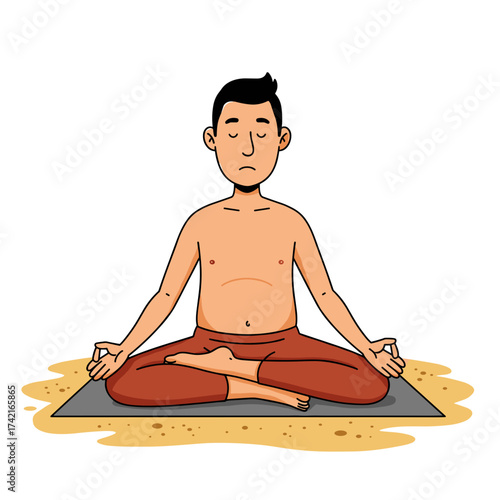 Man in cartoon style meditating on the beach with a calm expression in a humorous setting