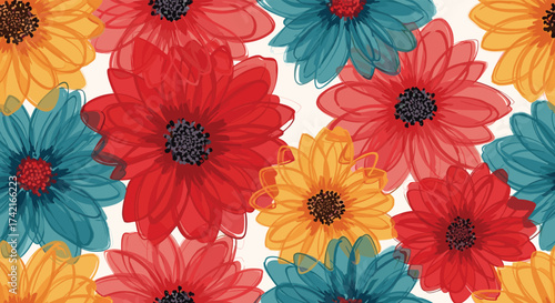 A vibrant and colorful array of artistic floral patterns with a whimsical hand-painted texture and a bright palette of reds blues and yellows creating a lively and cheerful aesthetic.