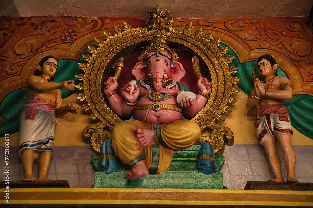 Fototapeta premium Statue of the Hindu god Ganesha, elephant head located in the Sri Mahamariamman temple in Kuala Lumpur, Malaysia. Asia