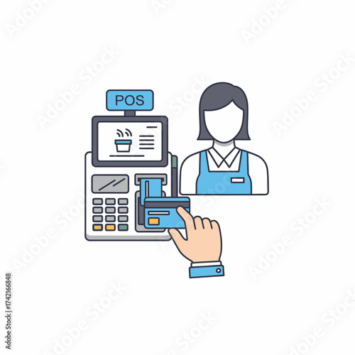 Customer inserting credit card into a point of sale terminal for payment with cashier in background