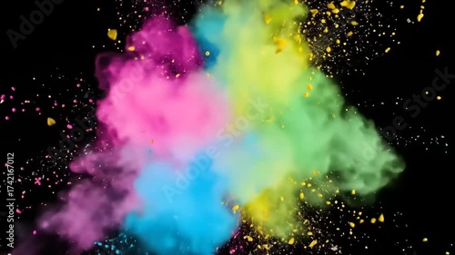 Vibrant explosion of colored powders creating a dynamic visual effect against a black background (1)