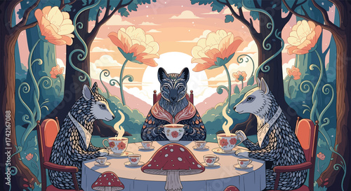 Three anthropomorphic animals enjoying a whimsical tea party in a magical forest setting