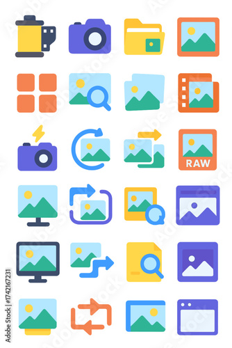 Camera Roll and Media Film roll icon, camera gallery, media folder, snapshot icon, thumbnail grid, preview icon, saved images, image collection,