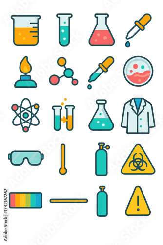 Chemistry Equipment Beaker, test tube, Erlenmeyer flask, pipette, Bunsen burner, molecule structure, chemical dropper, Petri dish, atomic bond,