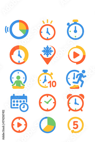 Fitness and Workout Timers Interval timer, HIIT clock, stopwatch, rest period icon, warm-up timer, cool-down icon, sprint time, yoga session timer,