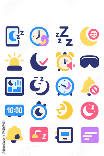 Sleep and Rest Monitoring Sleep tracker, bedtime clock, snooze icon, REM cycle symbol, wake-up light, sleep goal icon, alarm mute, soft alarm, eye