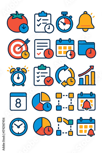 Productivity Timers Pomodoro icon, task tracker, focus timer, break alarm, goal deadline, time log, calendar clock, project time, reminder alert,