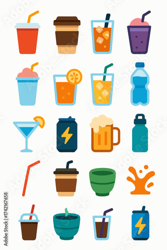 Beverages and drinks Soda cup, coffee to-go, iced tea, smoothie glass, milkshake cup, orange juice, lemonade icon, water bottle, cocktail glass,