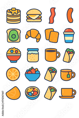 Breakfast food truck items Pancake stack, egg sandwich, bacon strip, sausage link, avocado toast, croissant, hash browns, yogurt cup, granola bowl,