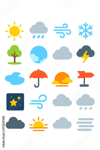 Weather and environment Sun icon, rain cloud, wind gust, snowflake, park tree, blue sky, cloud cover, storm alert, puddle icon, umbrella, sunset